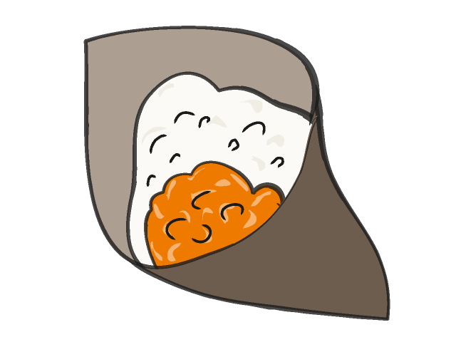 Cute illustrated onigiri with rice and orange filling wrapped in nori seaweed.