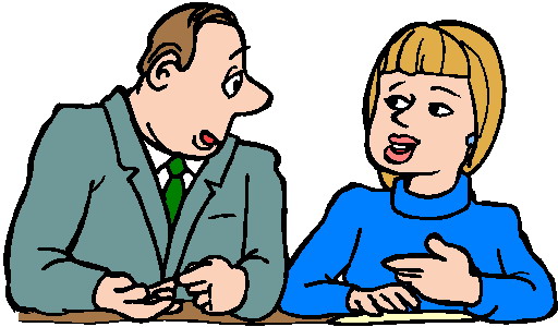 Businessman and woman in a professional discussion at a table, cartoon illustration.