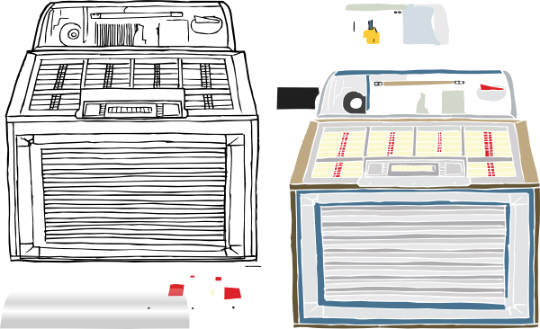 Side-by-side comparison of a vintage jukebox in line art and color illustration styles.
