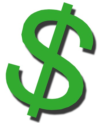 Green dollar sign symbol with shadow on white background, representing finance or money.