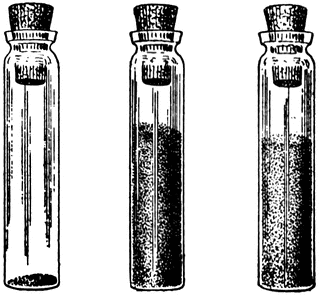 Three glass vials with cork stoppers, each containing increasing amounts of dark granular substance, illustrated in black-and-white line art.