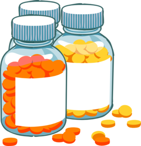 Three clear medicine bottles with blue caps, filled with orange and yellow pills; some tablets spilled nearby.