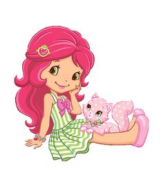 Strawberry Shortcake with pink hair sits smiling beside her pink polka-dot cat, wearing a green striped dress and heart-shaped accessories.