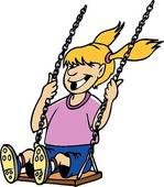 Happy cartoon girl with blonde pigtails smiling while swinging on a chain swing.