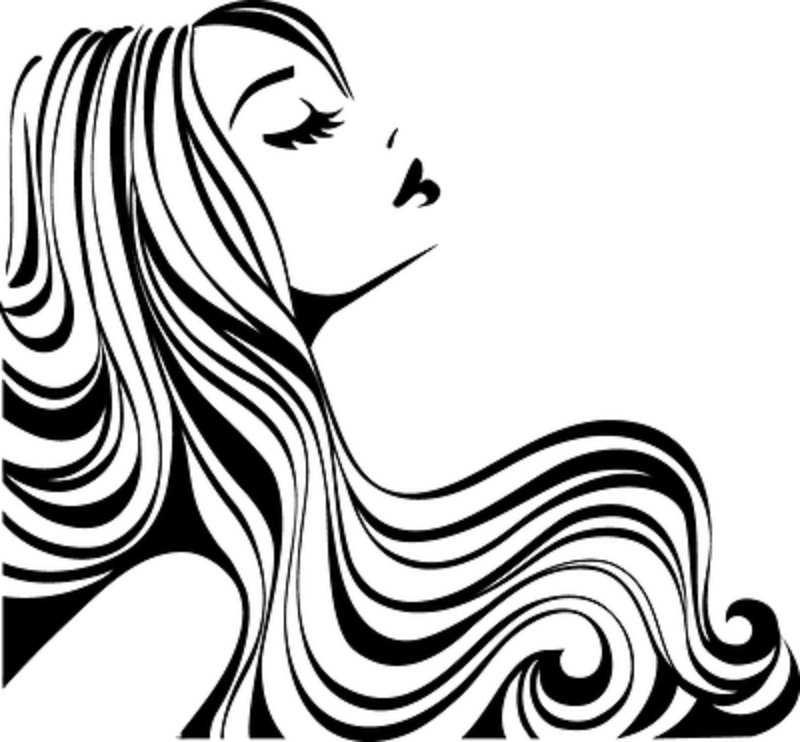 Stylized black-and-white illustration of a woman with flowing, wavy hair in profile, eyes closed, serene expression.