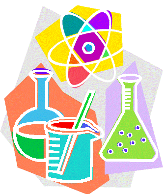 Colorful illustration of lab glassware-beaker, Erlenmeyer flask, round-bottom flask-and a stylized atom symbol above them.