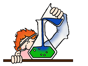 A cartoon scientist with orange hair and goggles pours blue liquid into a flask containing green bubbling liquid.