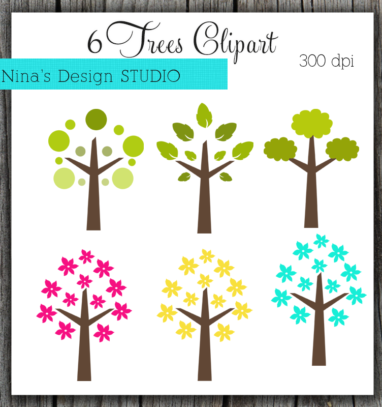 Six stylized tree clipart designs in green, pink, yellow, and teal by Nina's Design Studio, 300 dpi.
