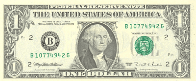 Front of a U.S. one-dollar Federal Reserve Note featuring George Washington and serial number B10774942G.