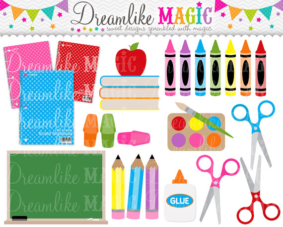 Colorful school supplies including crayons, pencils, scissors, glue, notebooks, and a chalkboard under festive bunting.