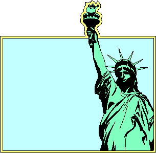 Statue of Liberty holding torch aloft in green silhouette against light blue background with yellow border.