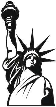 Black-and-white stylized silhouette of the Statue of Liberty holding torch and crown with seven rays.