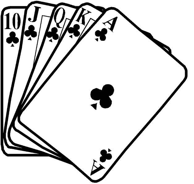 Five playing cards fanned out showing a royal flush in clubs: 10, J, Q, K, A.