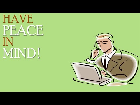 Businessman meditating at laptop with "Have Peace in Mind!" text on green background.