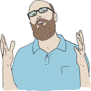 Bearded man with glasses and blue polo shirt gesturing with open hands, cartoon-style illustration.