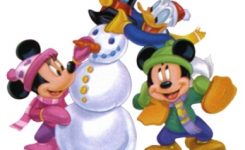 Mickey, Minnie, Donald, and Goofy joyfully building a snowman in winter outfits.
