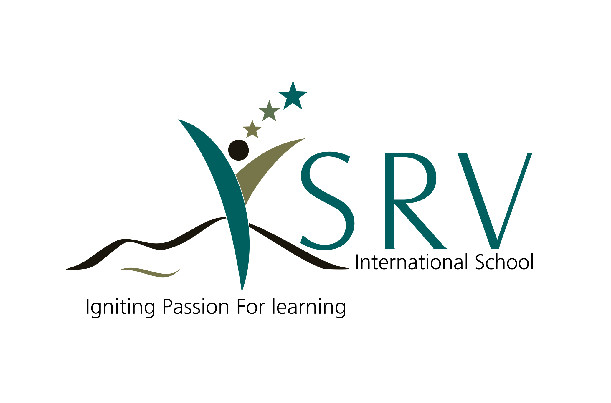KSrv International School logo featuring a stylized learner figure with stars and the tagline "Igniting Passion For Learning".