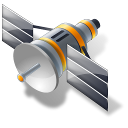 Illustration of a satellite with solar panels and dish antenna, isolated on white background.