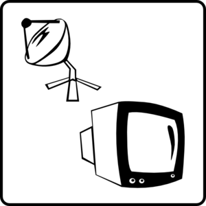 Satellite dish pointing toward a CRT television, symbolizing satellite TV signal reception.