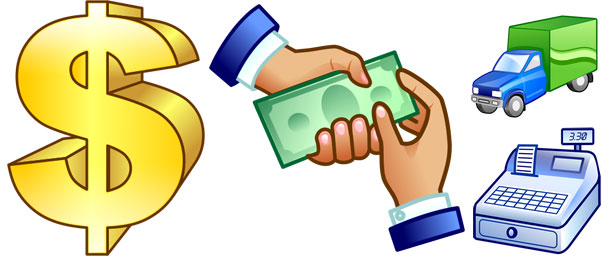 Illustration showing dollar sign, cash exchange, delivery truck, and cash register-representing business transactions and logistics.