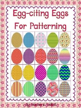 Colorful patterned Easter eggs arranged in a grid for a patterning activity worksheet.
