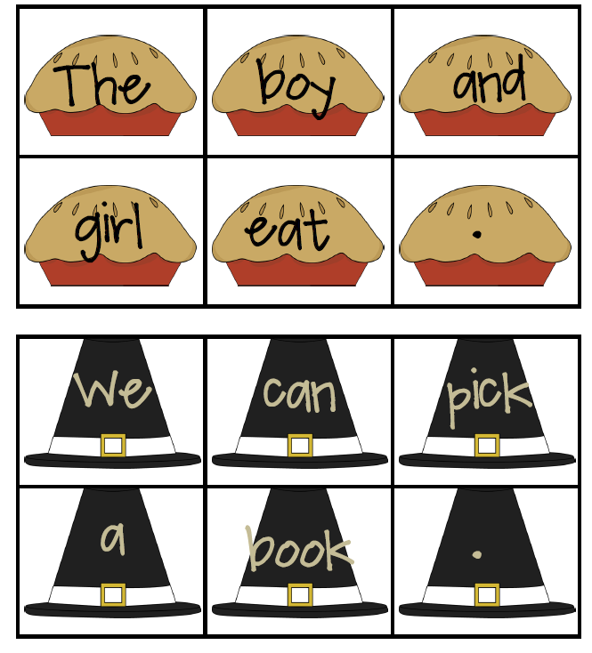 Educational flashcards with pie and witch hat illustrations teaching sight words like "the", "boy", "girl", "we", "can", and "pick".