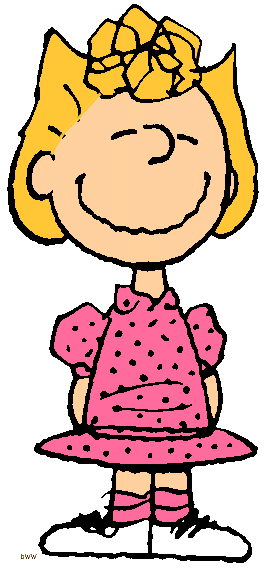 Sally Brown from Peanuts, smiling with blonde hair, yellow bow, pink polka-dot dress, and striped socks.