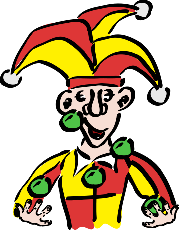 Cheerful jester in red-and-yellow motley costume juggling green balls with a classic three-pointed hat.