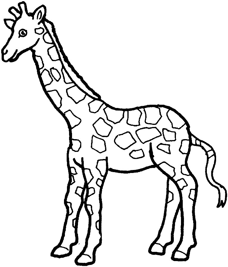Black-and-white line drawing of a standing giraffe with patterned spots, ideal for coloring pages.