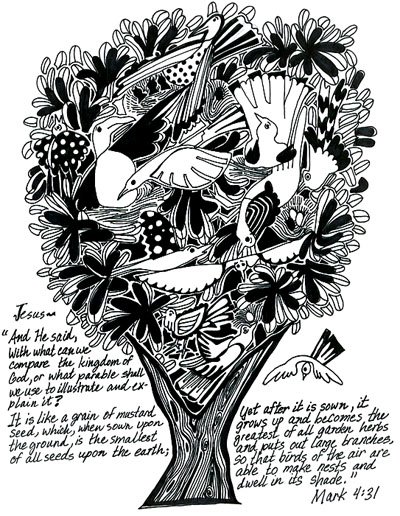 Black-and-white intricate illustration of a mustard tree with birds nesting in its branches, surrounded by floral patterns and biblical text from Mark 4:31.