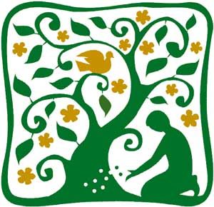 A stylized green tree with yellow flowers, a bird perched on a branch, and a person planting seeds at its base.