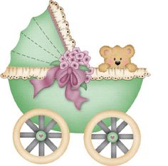 Vintage green baby carriage with lace trim, purple bow, and a teddy bear peeking out.