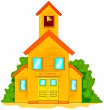Bright yellow cartoon school building with orange roof, bell tower, and green bushes.