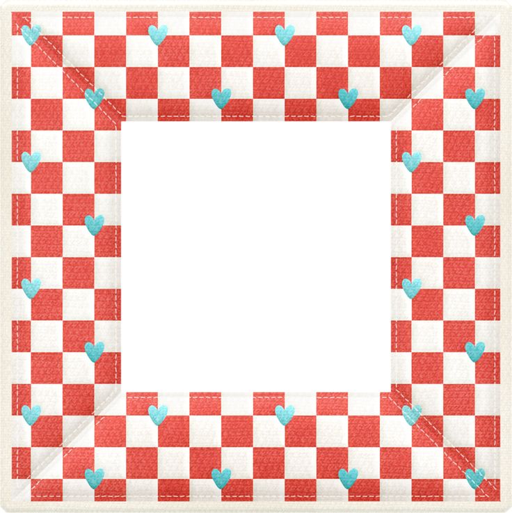 Red and white checkered frame with blue hearts and stitched edges, ideal for photo overlays or scrapbooking.