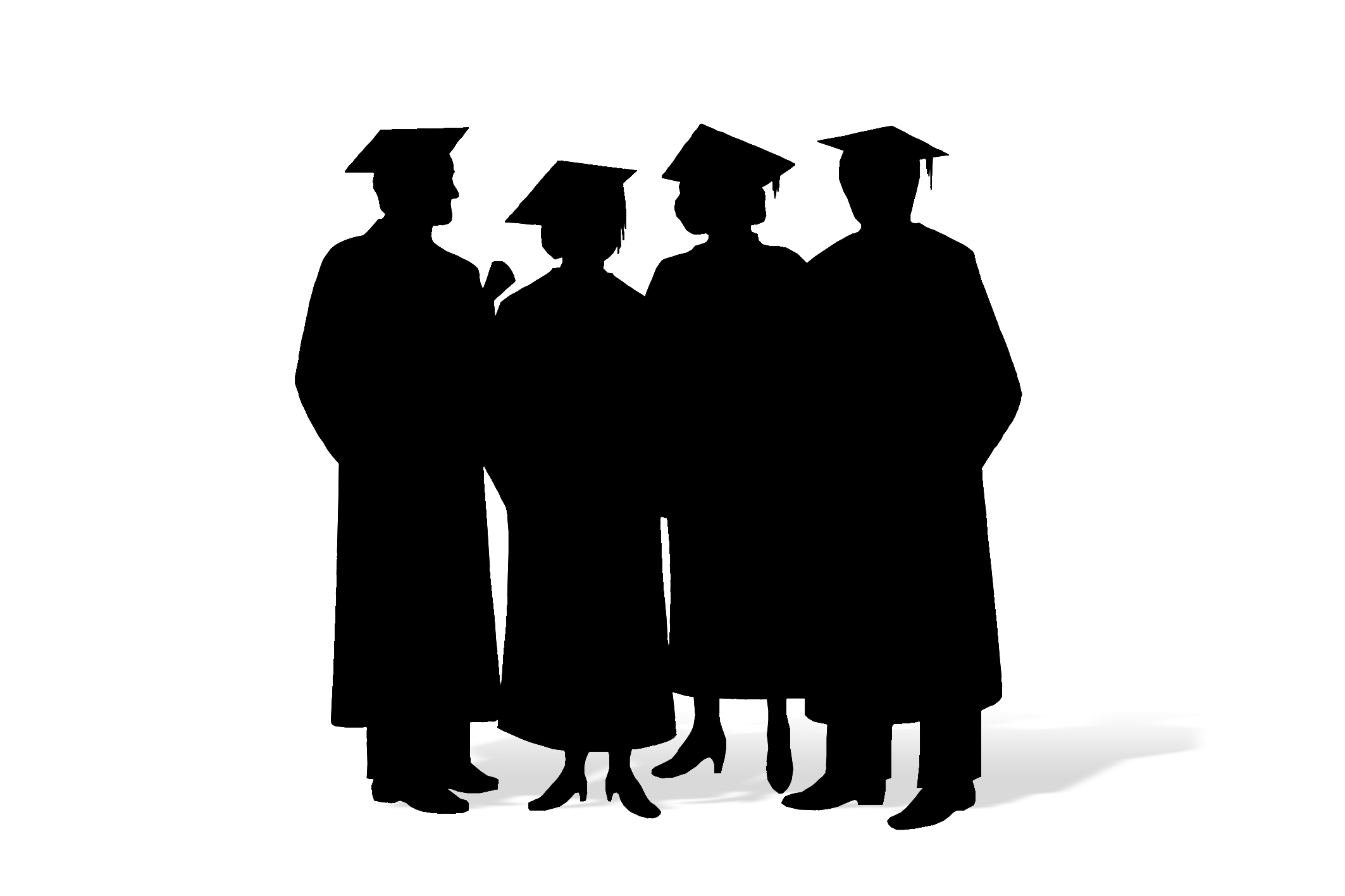 Silhouette of four graduates in caps and gowns conversing, symbolizing academic achievement and camaraderie.