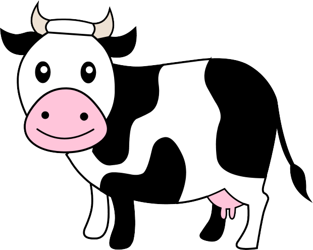 Friendly cartoon black-and-white cow with pink nose and udder, smiling and standing sideways.