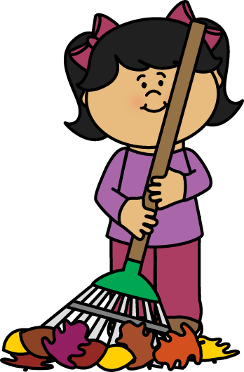 A cartoon girl with pigtails raking colorful autumn leaves.