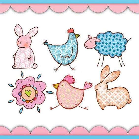 Cute Easter-themed illustrations: two bunnies, two chickens, a sheep, and a floral heart on a scalloped pink border.