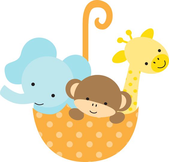 Cute cartoon elephant, monkey, and giraffe nestled together in a polka-dotted orange basket with a curly handle.