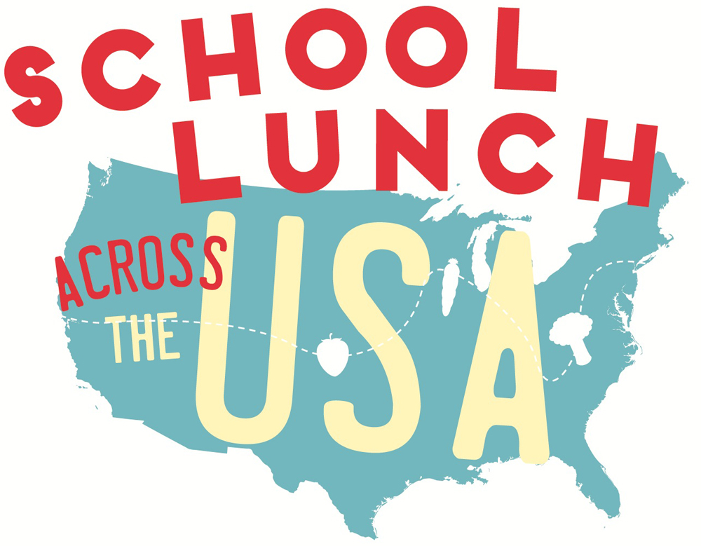 Graphic showing "School Lunch Across the USA" over a stylized map of the United States with food icons and dotted route lines.