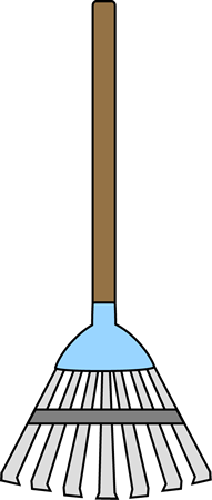 Simple cartoon-style leaf rake with wooden handle, blue head, and metal tines.
