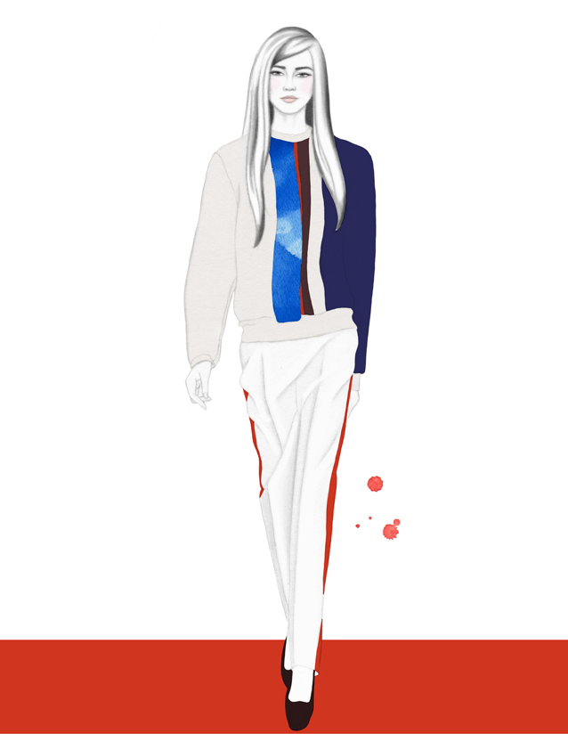 Fashion illustration of a woman in a color-blocked sweater, white trousers with red side stripes, and black heels walking on a red runway.