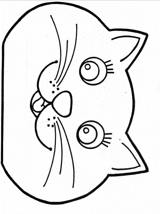 Black-and-white line drawing of a cute cartoon cat face with large eyes, whiskers, and expressive features, ideal for coloring.
