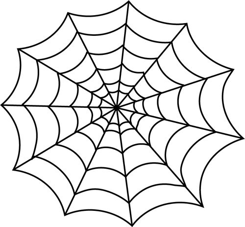 Black-and-white illustration of a classic symmetrical spiderweb with radial and spiral threads.