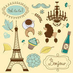 Paris-themed decorative collage with Eiffel Tower, poodle, chandelier, wine bottle, mustache, and "Bonjour" sign.