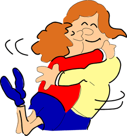 A joyful cartoon illustration of two people embracing warmly in a heartfelt hug.