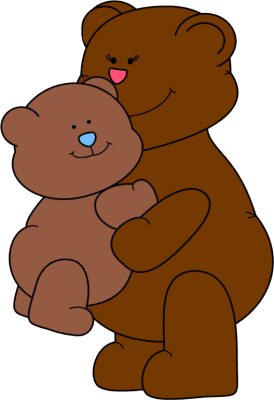 A large brown bear gently hugs a smaller brown teddy bear with a blue nose and smiling face.