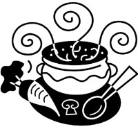 A steaming pot of soup with vegetables, mushrooms, and a ladle on a plate, illustrated in black-and-white line art.