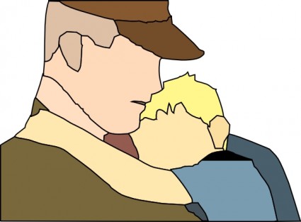 A stylized illustration of a man in a brown cap embracing a person with blond hair, conveying comfort and emotional support.