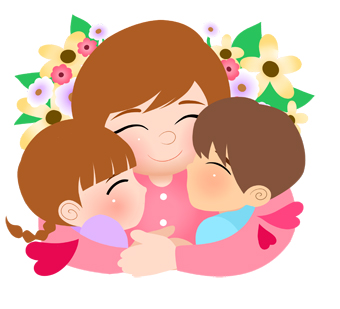 A smiling mother hugs her two children-a girl and a boy-surrounded by colorful flowers in a warm, affectionate embrace.